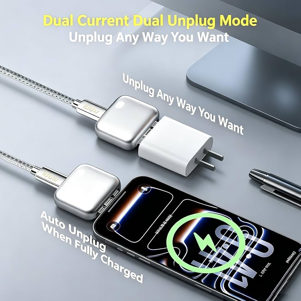 A dual USB-C charging cable adapter with two detachable connector ends, shown plugged into a smartphone on a light gray surface. White plug-style connectors are visible, along with overlaid marketing text about dual current, dual unplug mode, and auto unplug when fully charged.