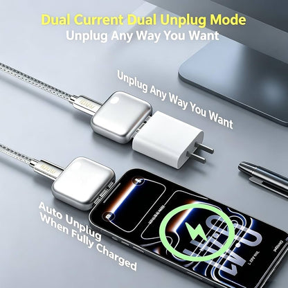 A dual USB-C charging cable adapter with two detachable connector ends, shown plugged into a smartphone on a light gray surface. White plug-style connectors are visible, along with overlaid marketing text about dual current, dual unplug mode, and auto unplug when fully charged.