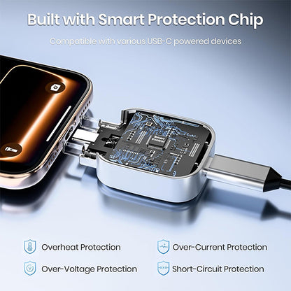 Smart device with USB-C cable and smart protection chip, highlighting features on a blue gradient background.