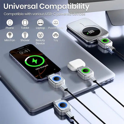 USB-C power adapters shown plugged into a laptop and phone, with text reading 'Universal Compatibility' and icons listing compatible devices like phone, tablet, laptop, power bank, mini fan, shaver, beauty device, and toy.