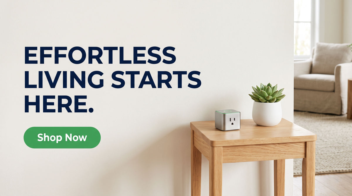 A promotional interior scene with large text reading 'EFFORTLESS LIVING STARTS HERE.' and a green 'Shop Now' button.