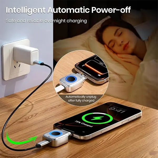 Charging device with smartphone on wooden surface, showing intelligent automatic power-off feature.